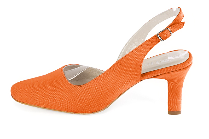 Clementine orange women's slingback shoes. Round toe. High kitten heels. Profile view - Florence KOOIJMAN